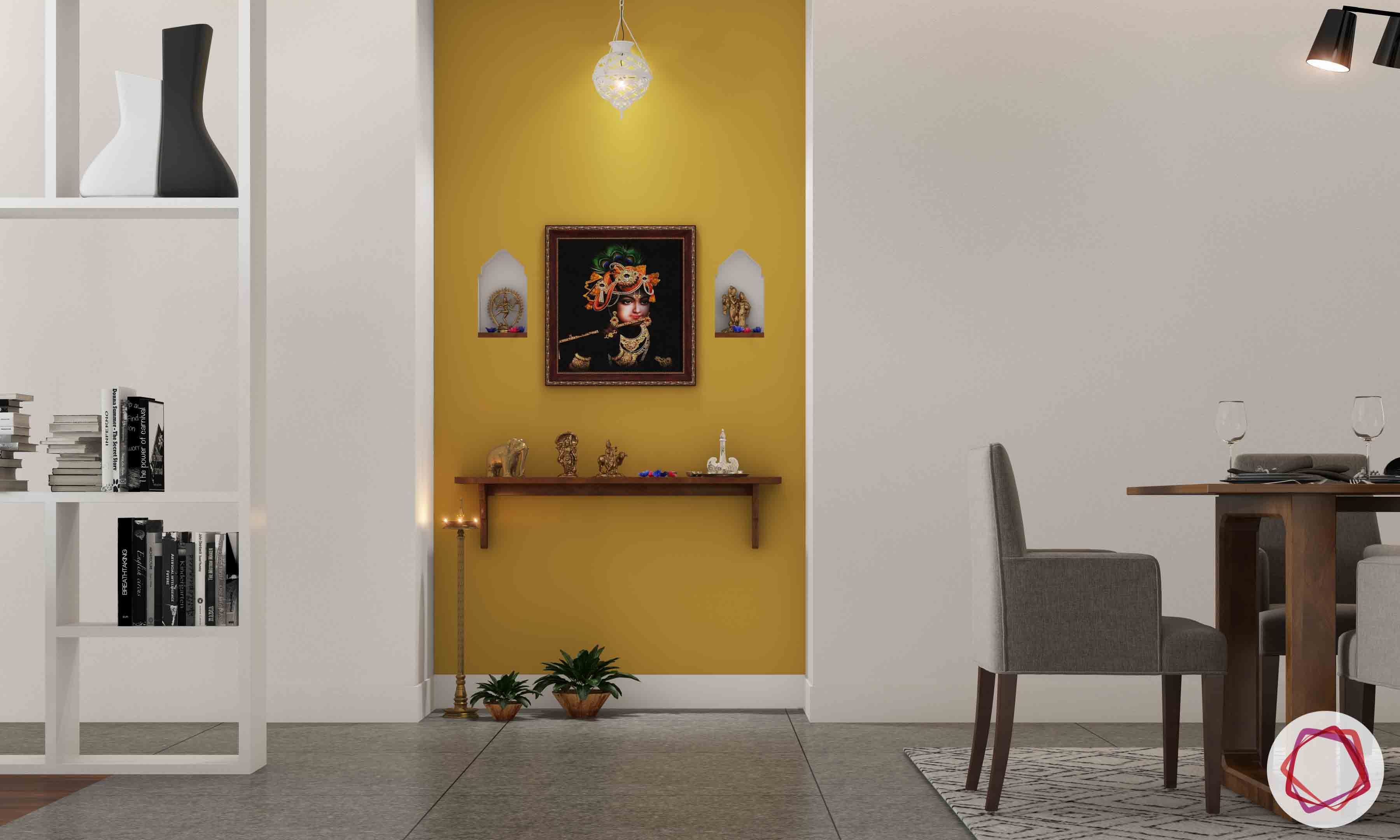 vastu-colours-for-pooja-room-yellow-wall-wooden-altar-lamp