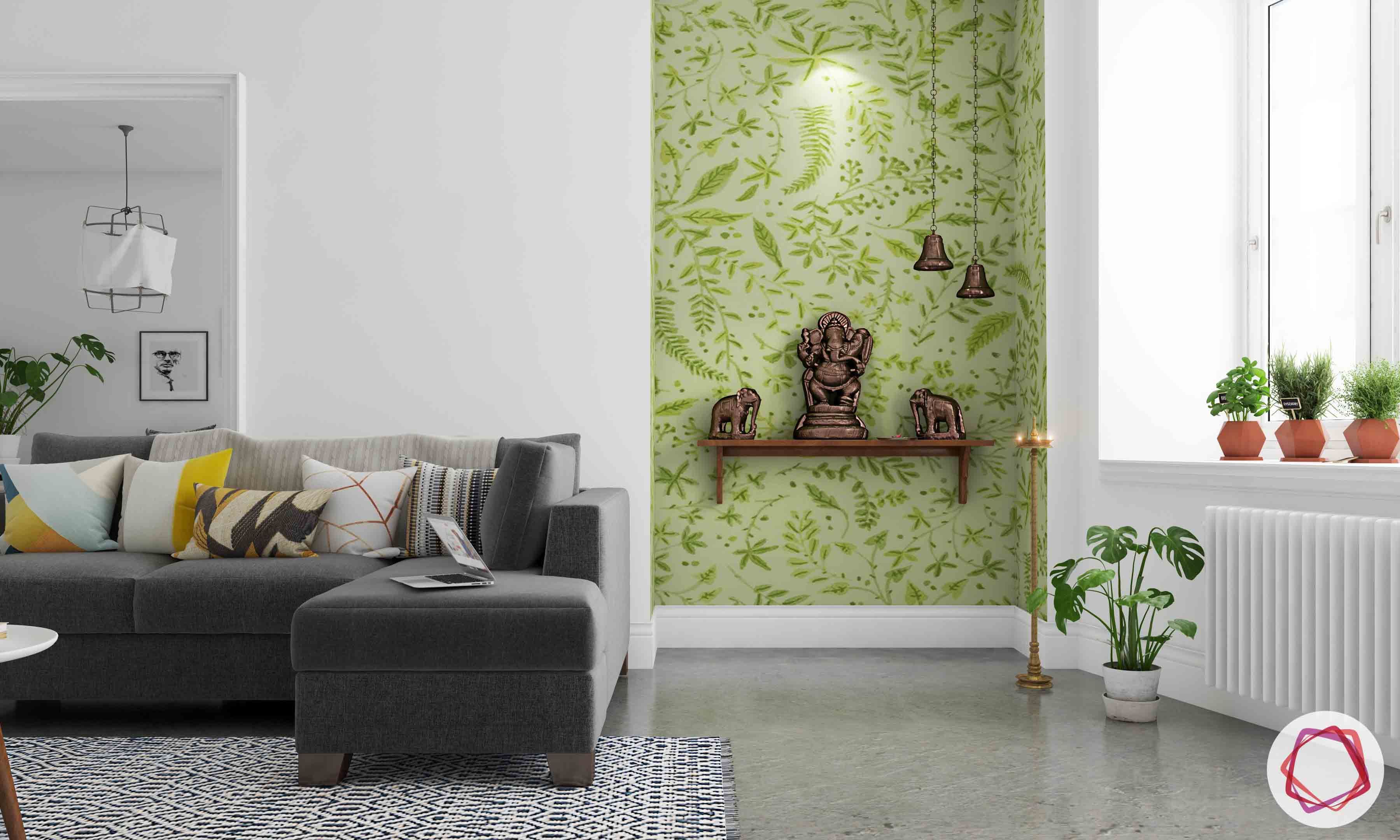 vastu-colours-for-pooja-room-green-green-pooja-room-wooden-ledge-antique-lamps