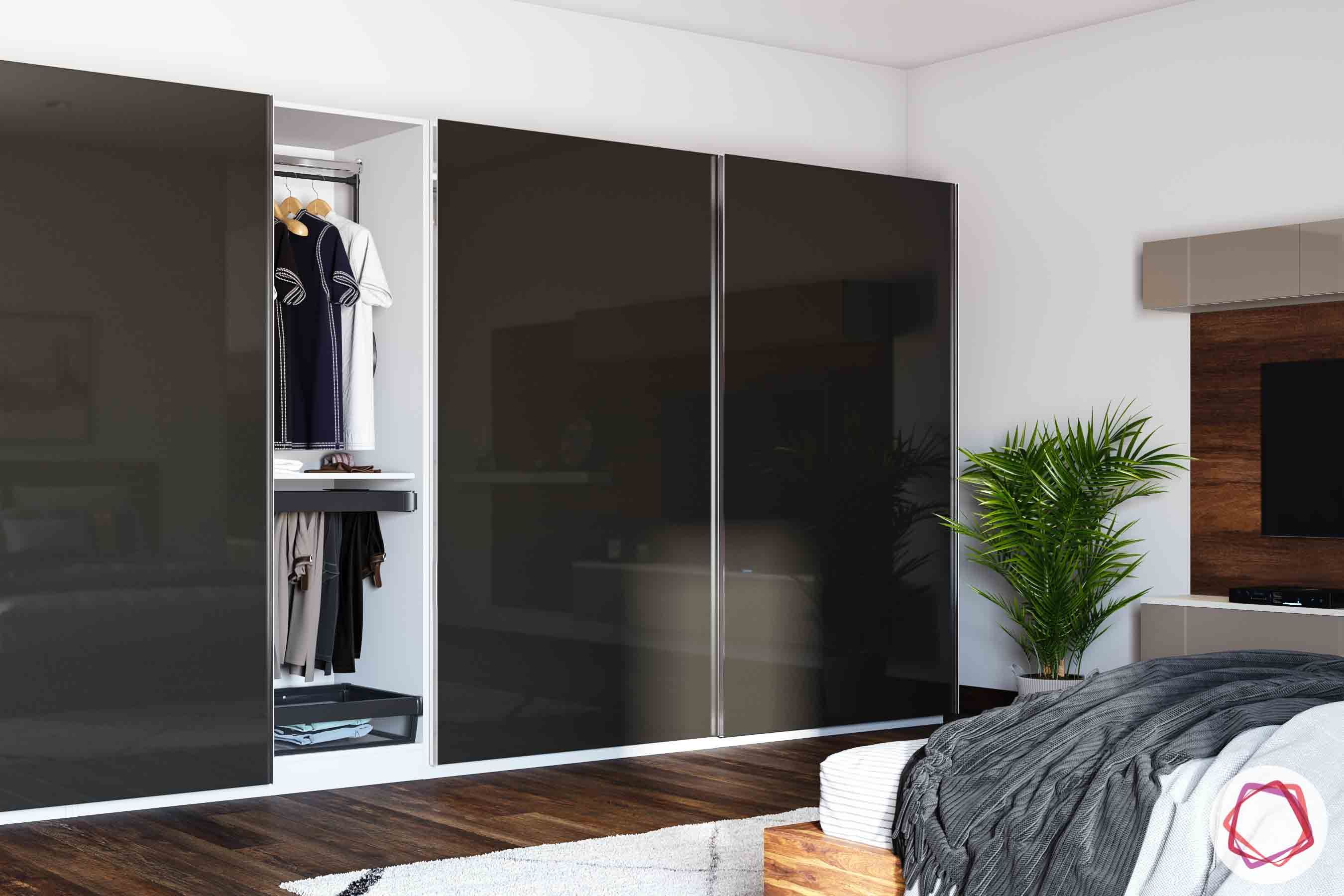 home-inspired-wardrobe-dark-glossy-clothes-potted-plant-bed