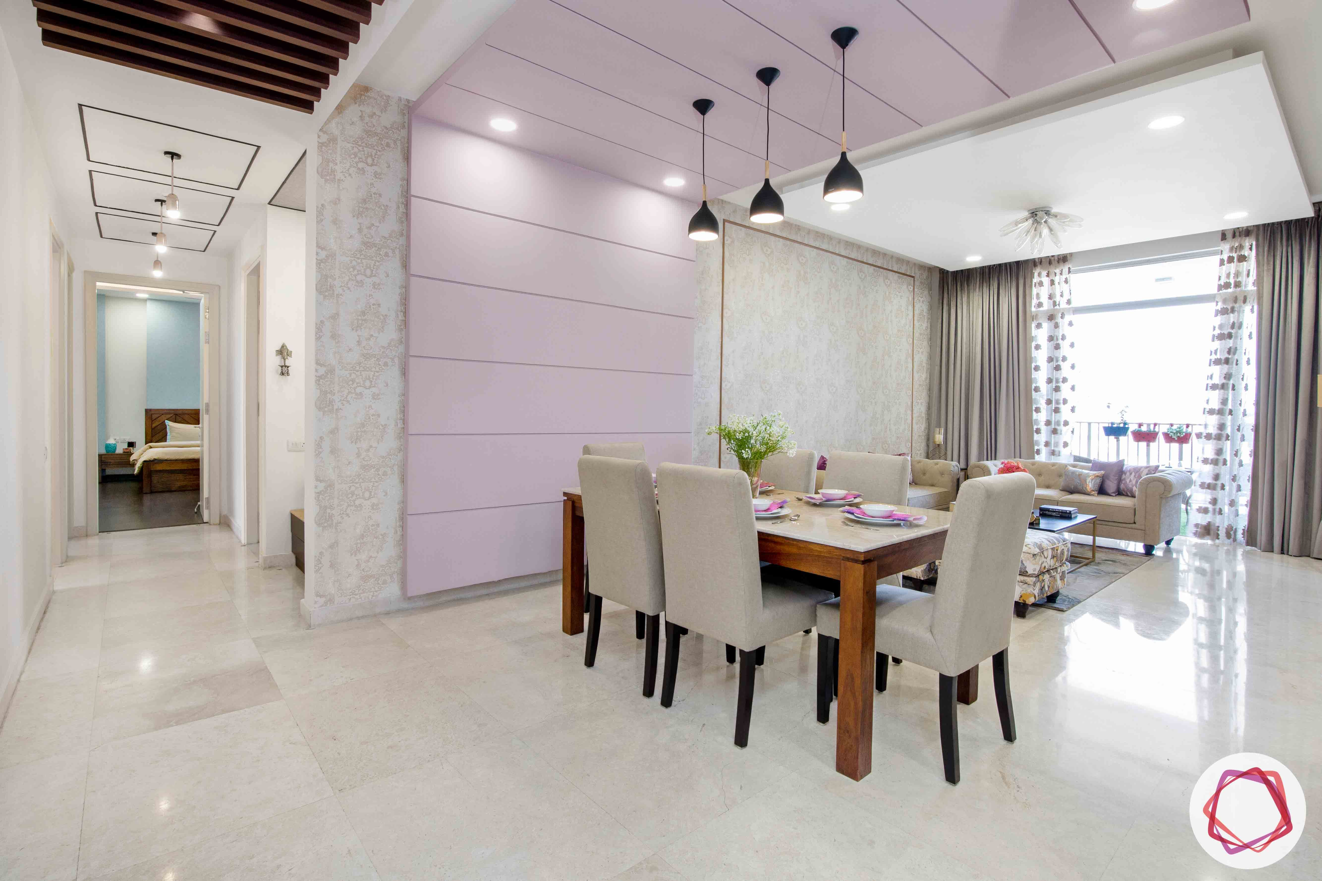 ireo victory valley-dining room-lavender wall panel-pendant lights