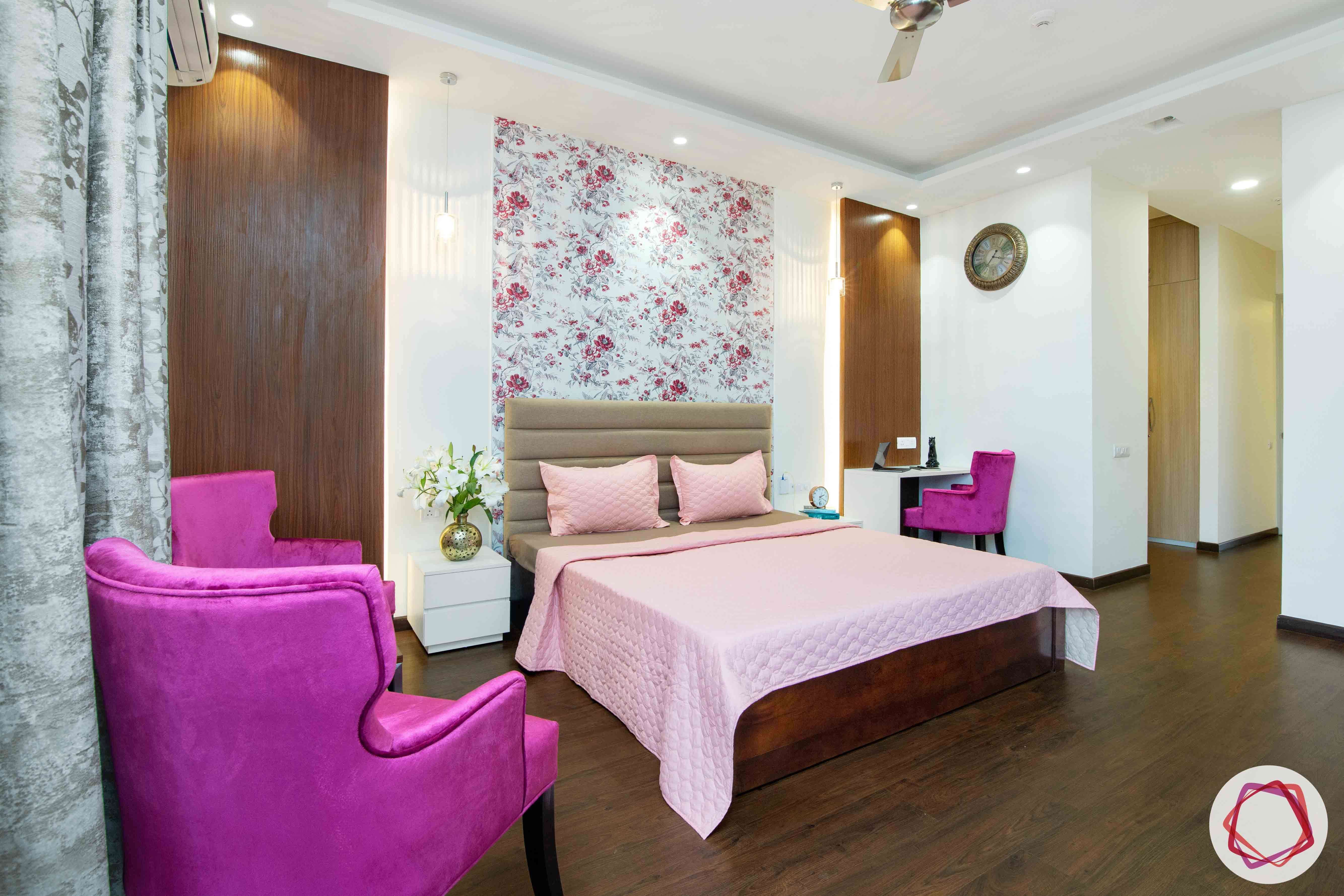 ireo victory valley-floral bedroom-veneer panels-panelled headboard-fuschia chairs