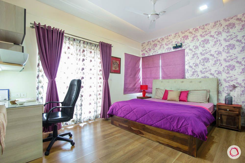 master-bedroom-purple-wallpaper-curtains-blinds-study
