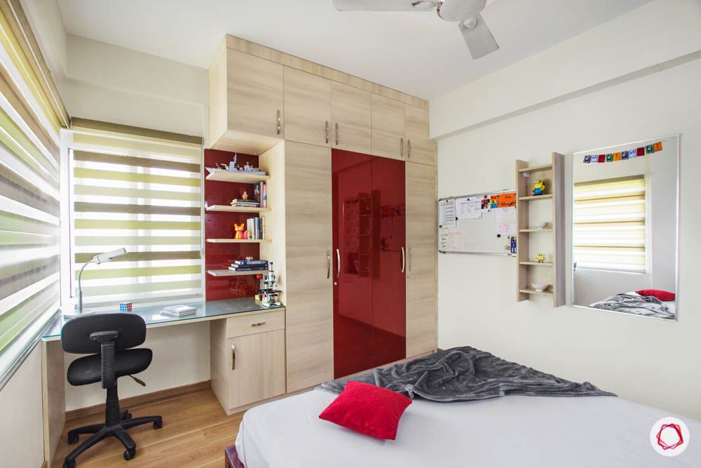 daughter-bedroom-laminate-panel-wallpaper-bed-blinds-study-wardrobe