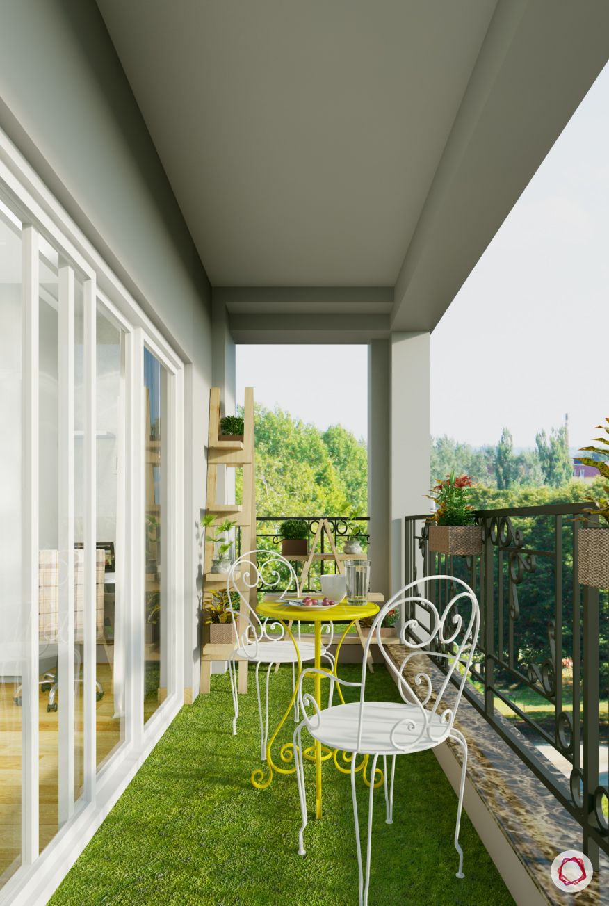 modern balcony design-metal chairs-yellow garden chair-white outdoor table