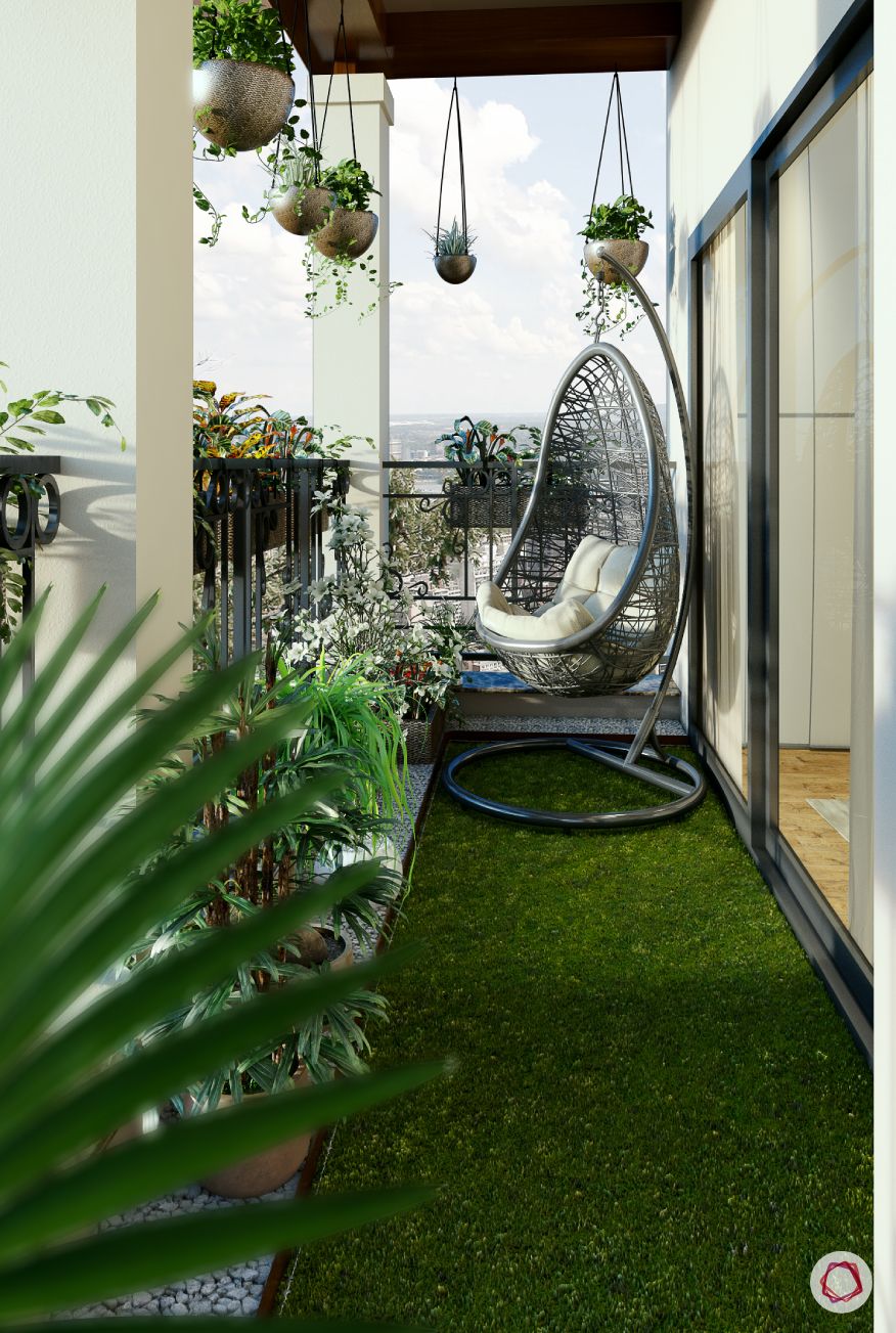 modern balcony design-swing chair-artificial turf-hanging planters