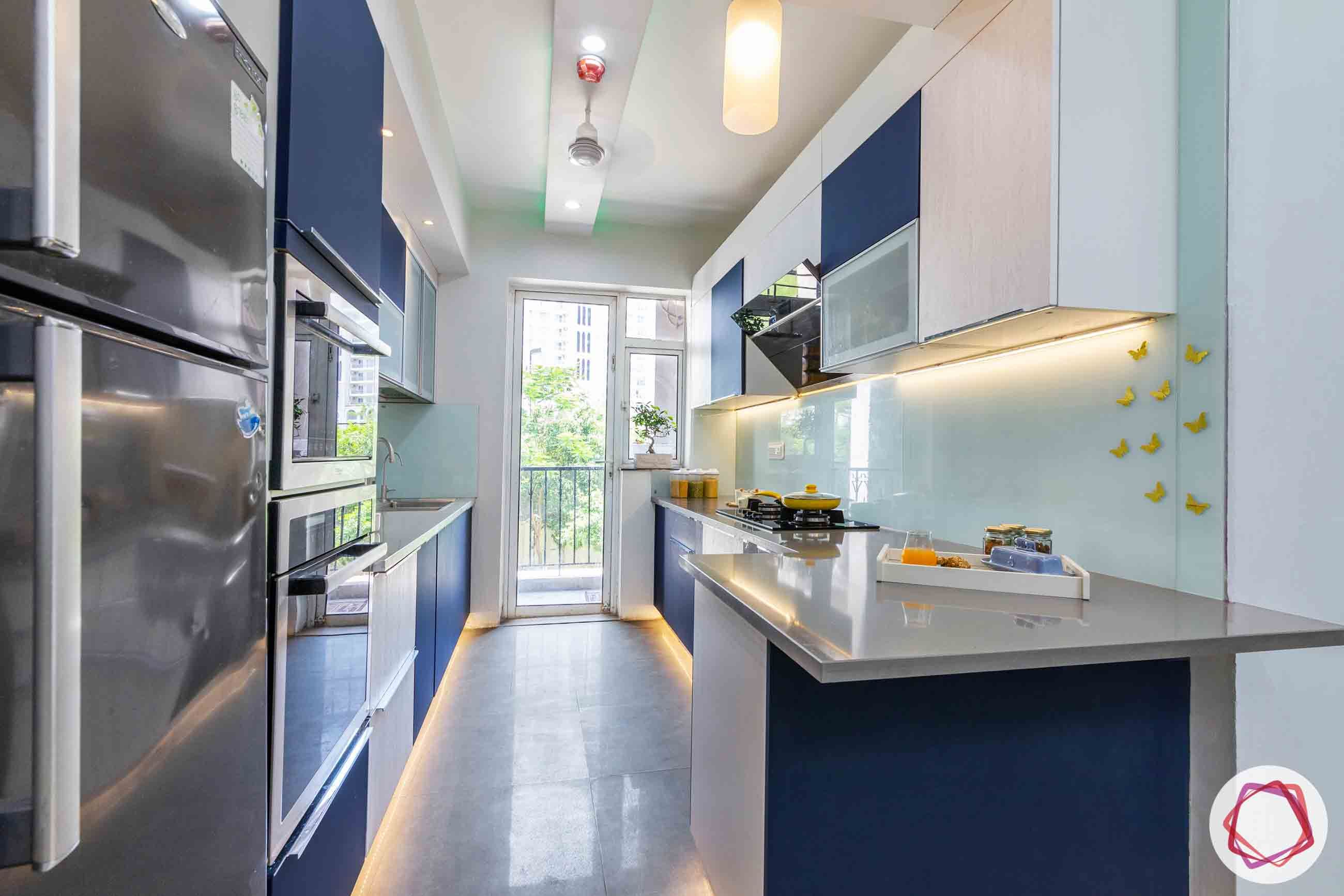 dlf new town heights-blue and white kitchen designs-breakfast counter designs