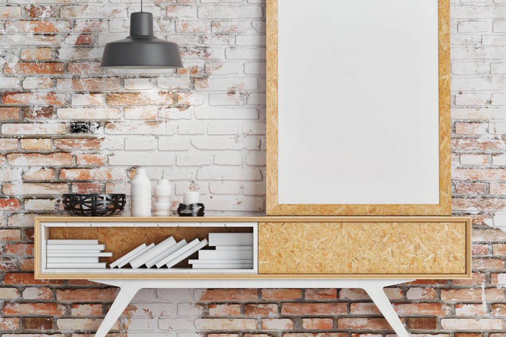 What-is-engineered-wood-mirror-table-drawer-opens-books-brick-wall