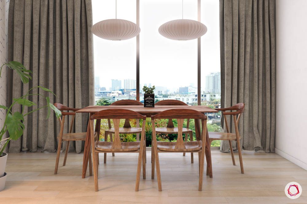 dining-table-lights-chairs-wood-curtain-flooring-potted-plants