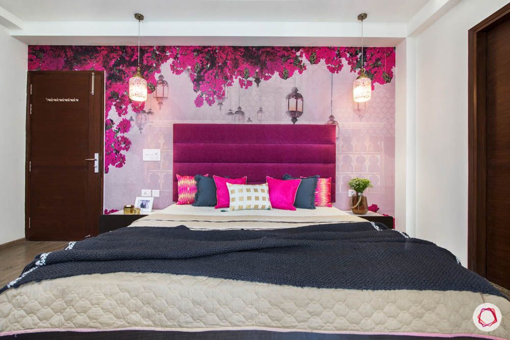 cleo county-master bedroom-bed-pendant lights-bedside tables