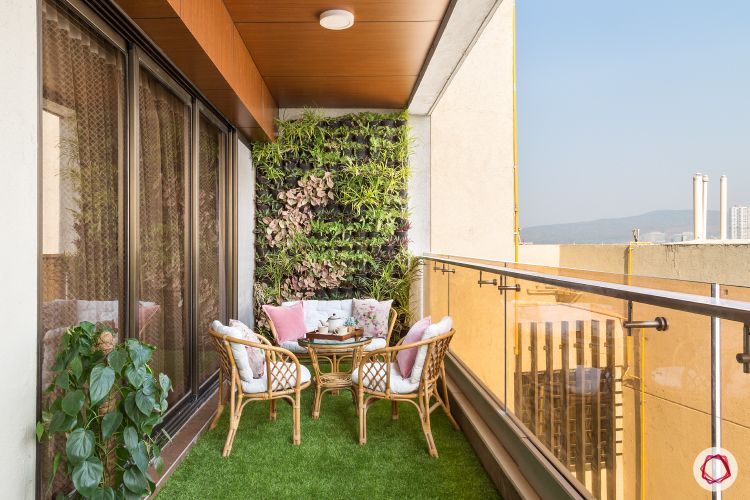 balcony garden-cane furniture-pink cushions