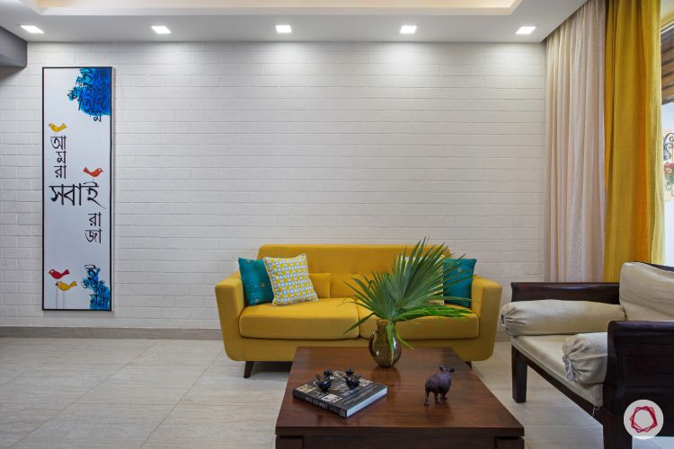 indian home-white wall ideas-yellow sofa designs