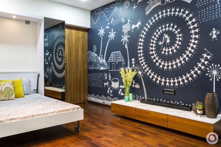 indian home-blue wall ideas-warli paintings for wall