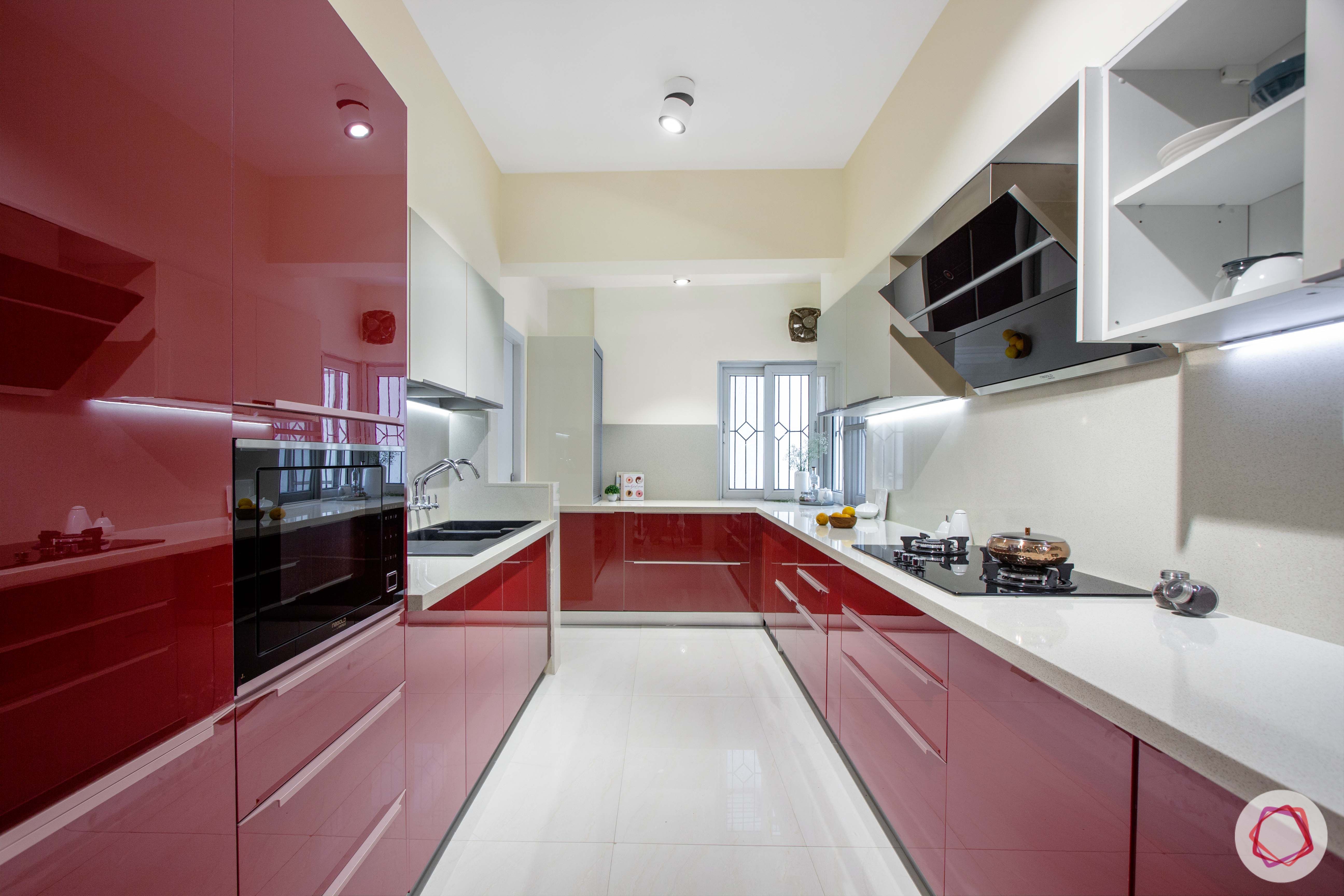vaastu for homes-red kitchen designs-white countertop designs
