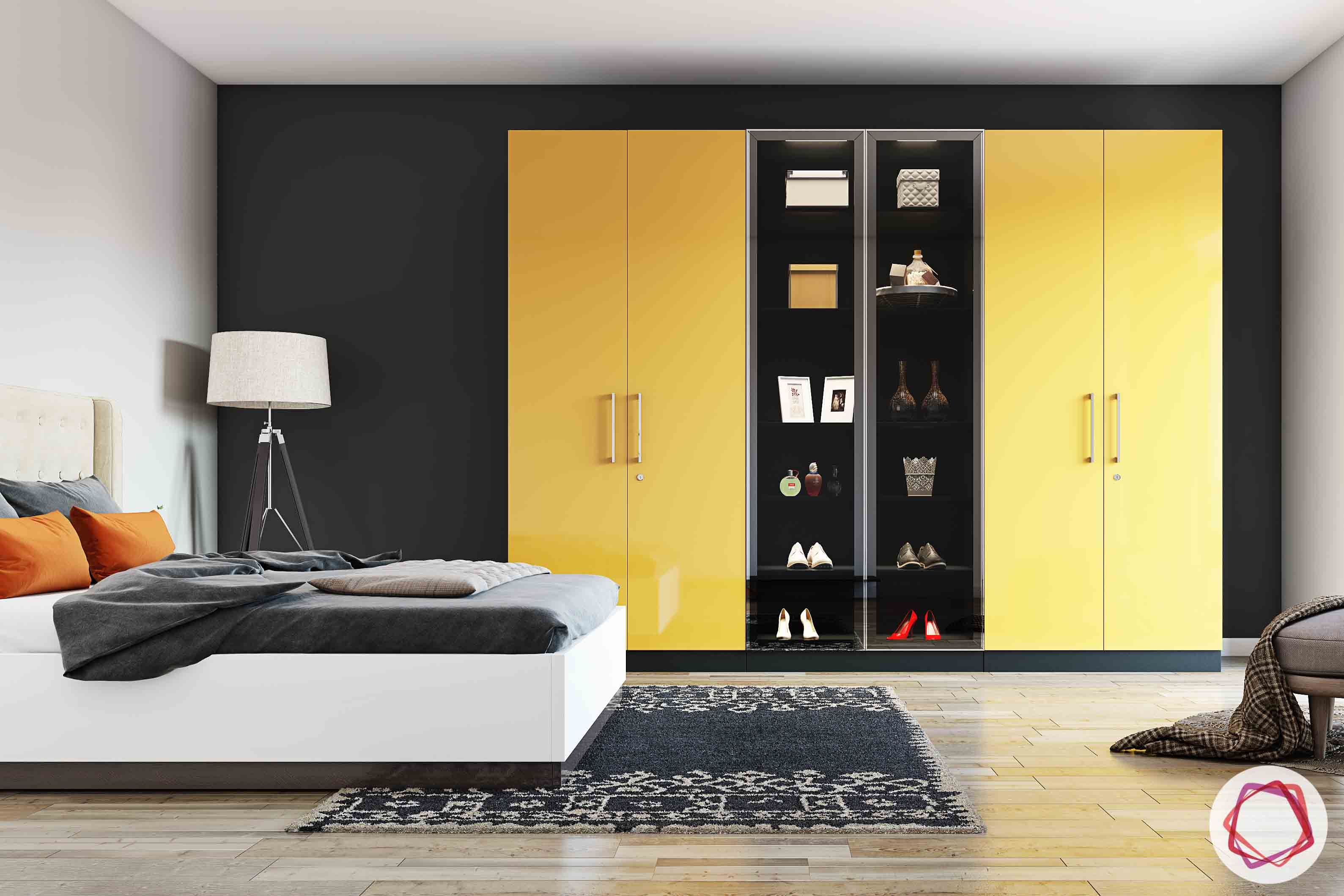 wardrobe-yellow-open-shelves-shoes-bed-lamp-rug