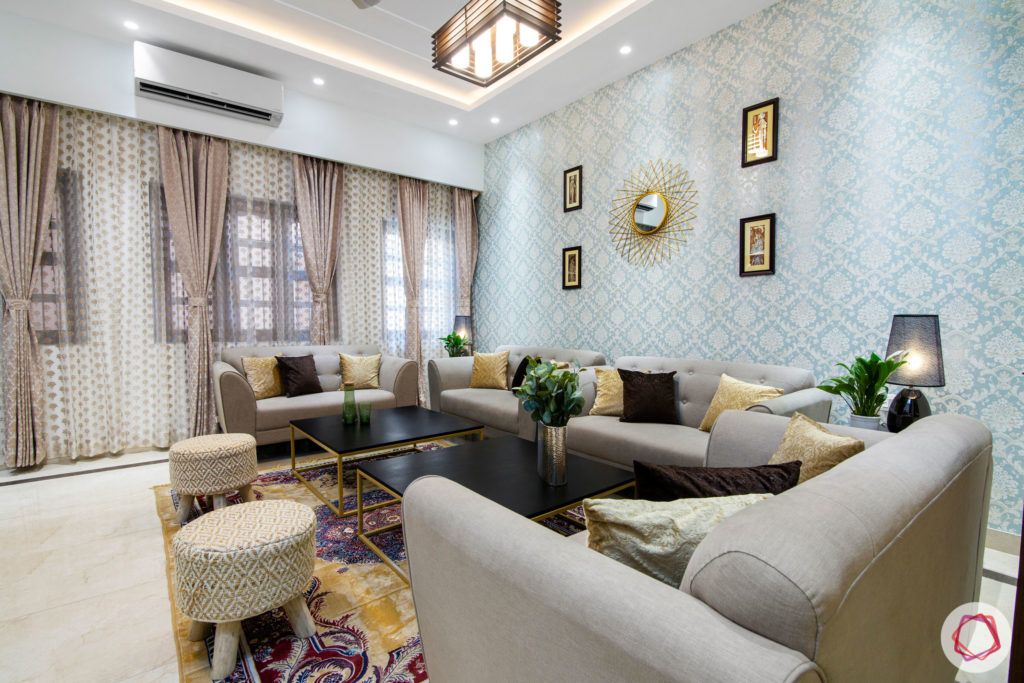 indian living room-brown cushions-wall mirror