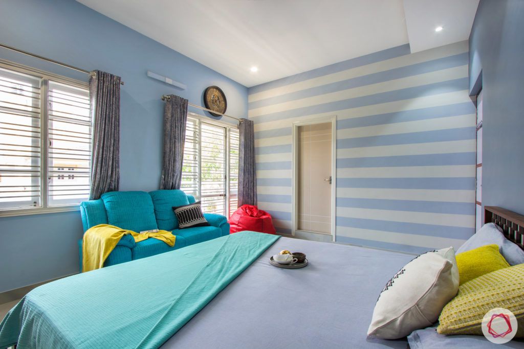 duplex house design-blue wall designs-wooden bed designs