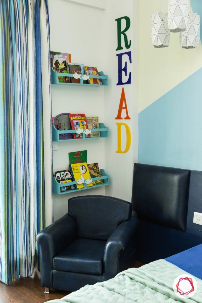 wall shelf design-blue shelf designs-blue reading chair