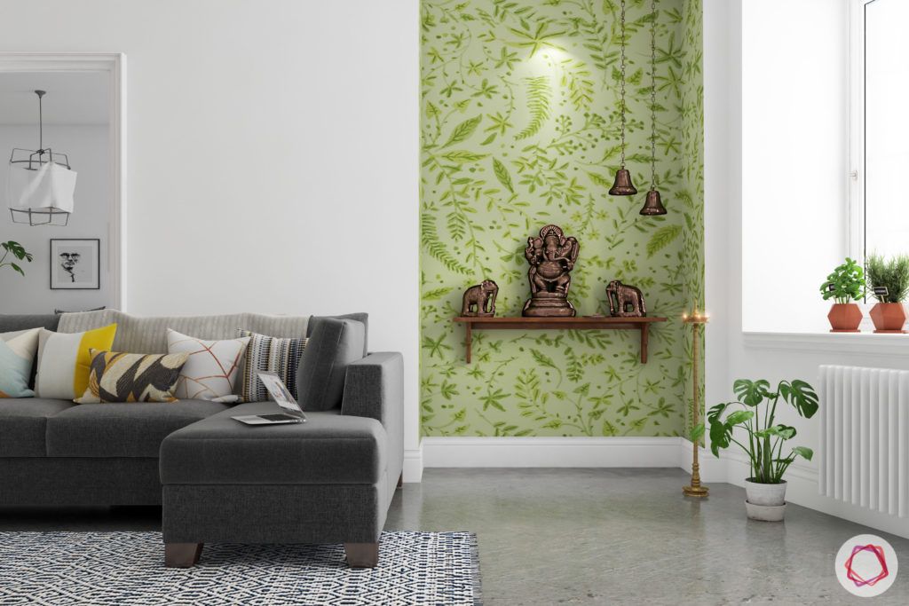 wall shelf designs-green wall-grey sofa