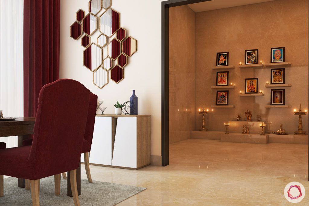 wall shelf designs-hexagonal wall mirror-red chairs