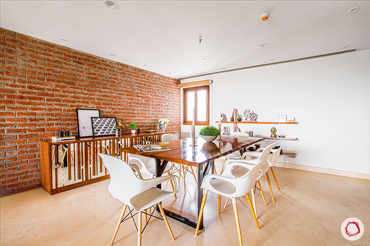 exposed brick wall-wooden table designs