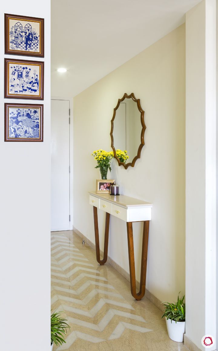 hallway-decor-ideas-mosaic-flooring-tiles-white-console-designs