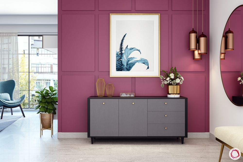 foyer-area-design-accent-wall-console-table-magenta-wall