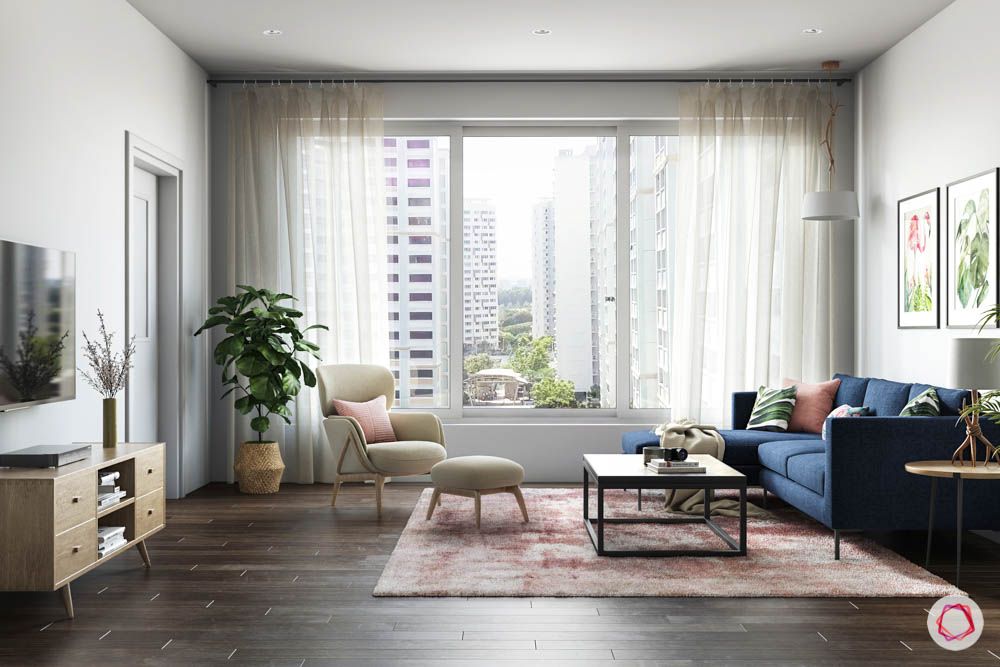 contemporary living room-minimal designs-blue sofa-indoor plants
