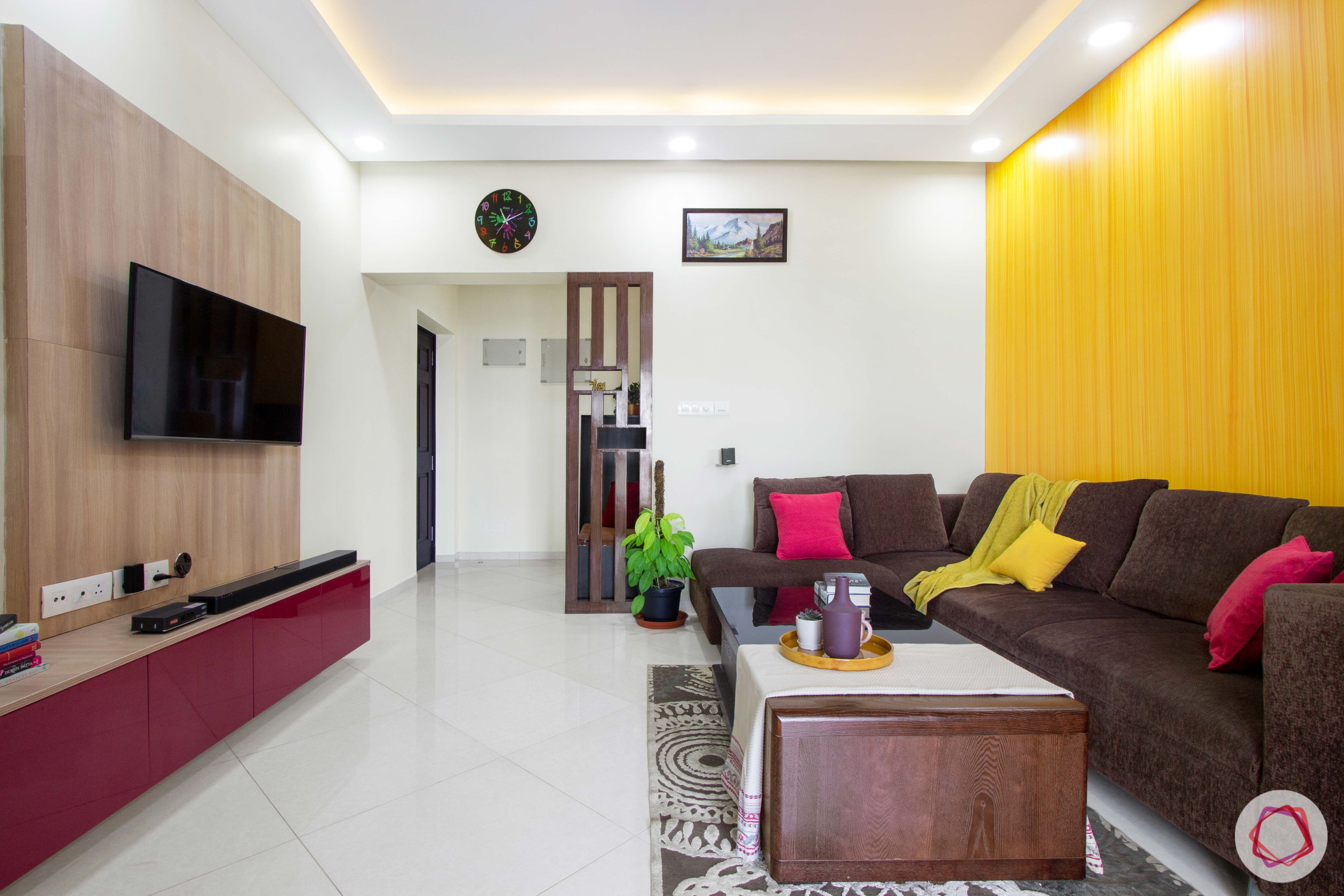 livspace-bangalore-living-room-TV-wall-paint-yellow