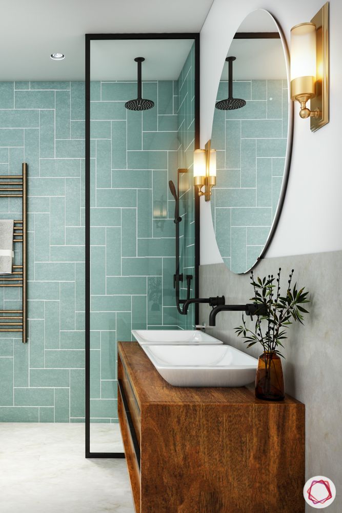 pastel-colors-Bathroom-Pastel-green-tiles-oval-mirror-rack