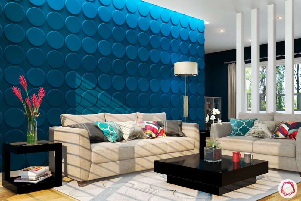 vastu colors for living room-blue walls-neutral sofa designs