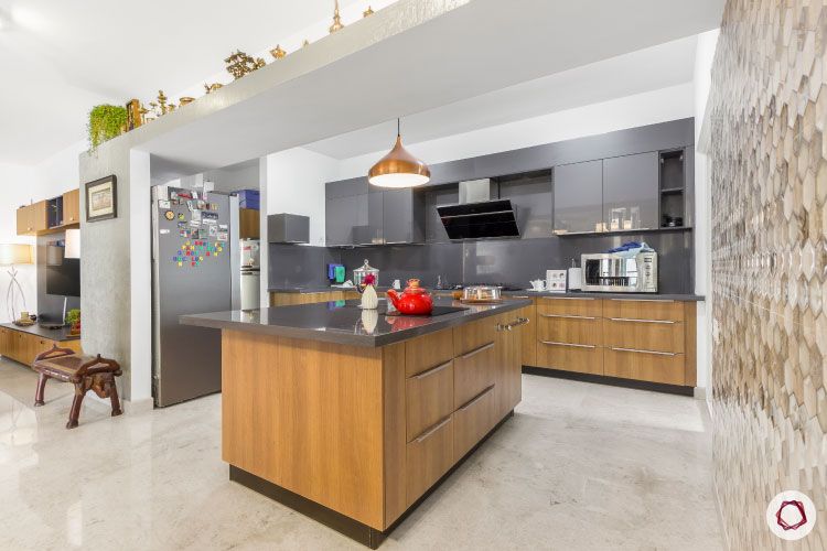 modular kitchen design images-kitchen island-grey acrylic wall cabinets-walnut drawers