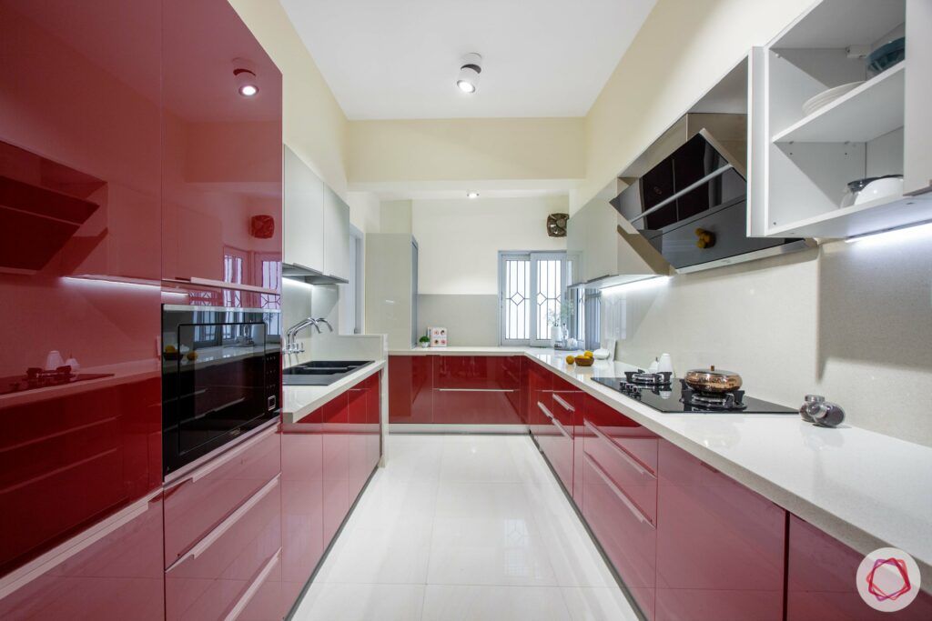 modular kitchen design images-parallel kitchen-red and white-tall unit