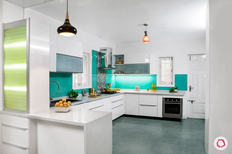 modular kitchen design images-aquamarine blue kitchen-mosaic tiles-white countertop