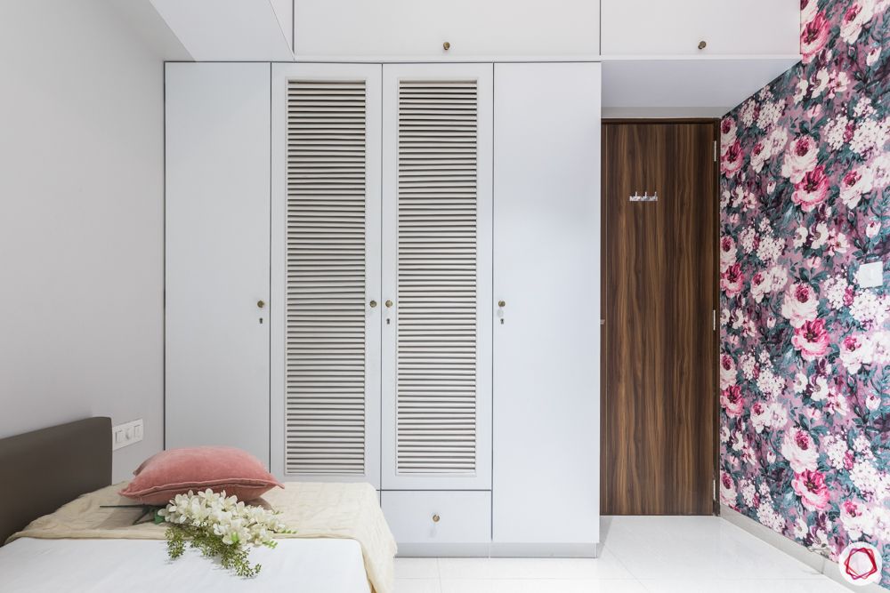 white wardrobe designs-vented door-floral wallpaper