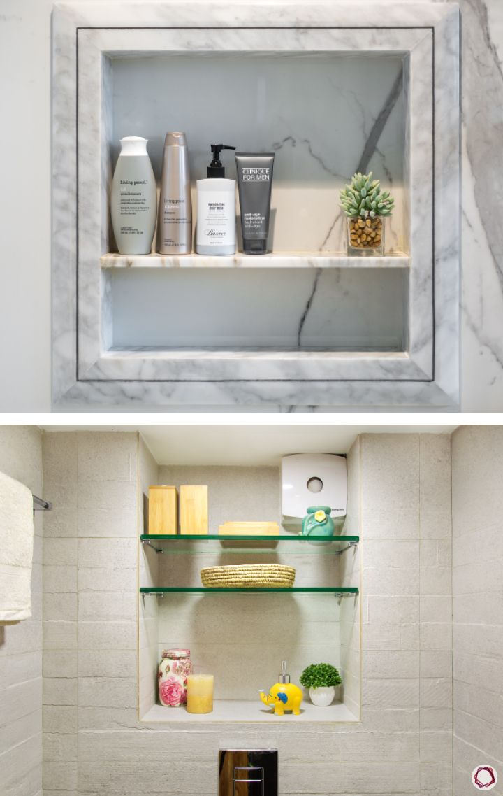 bathroom storage ideas-marble wall-in-built-shelves
