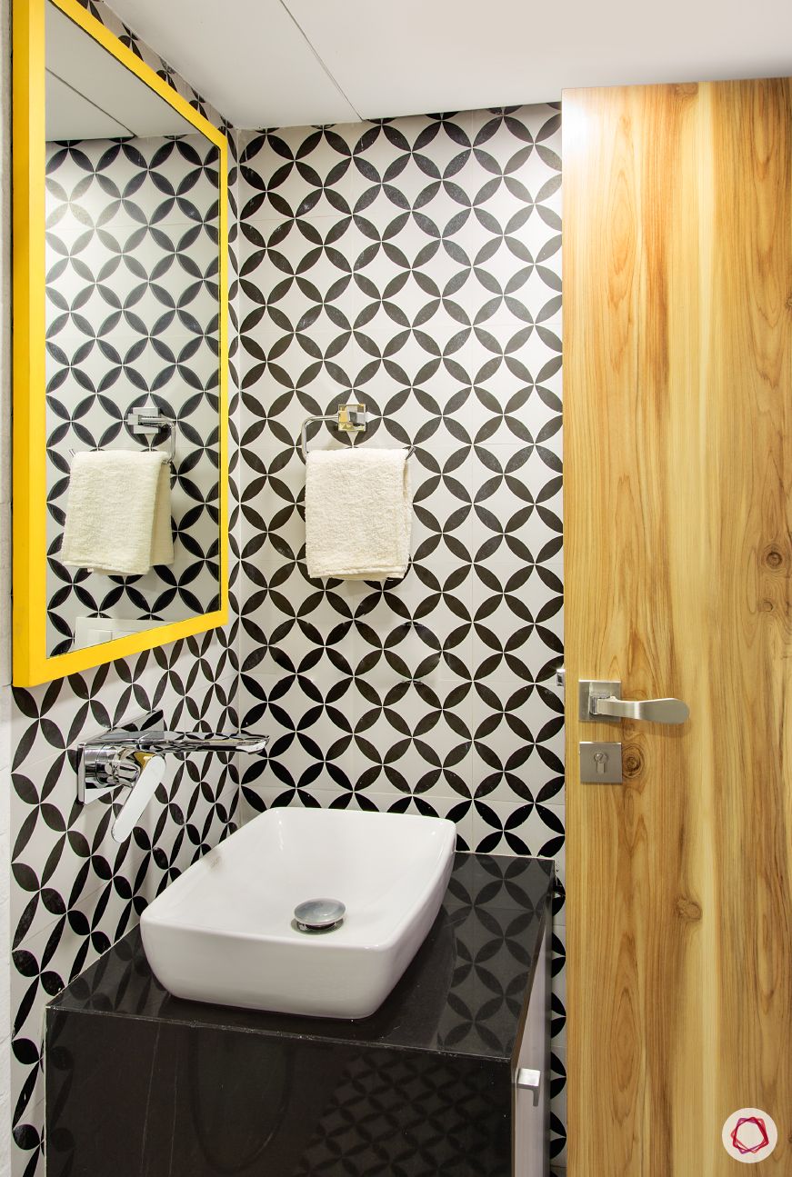 black and white wallpaper-yellow mirror
