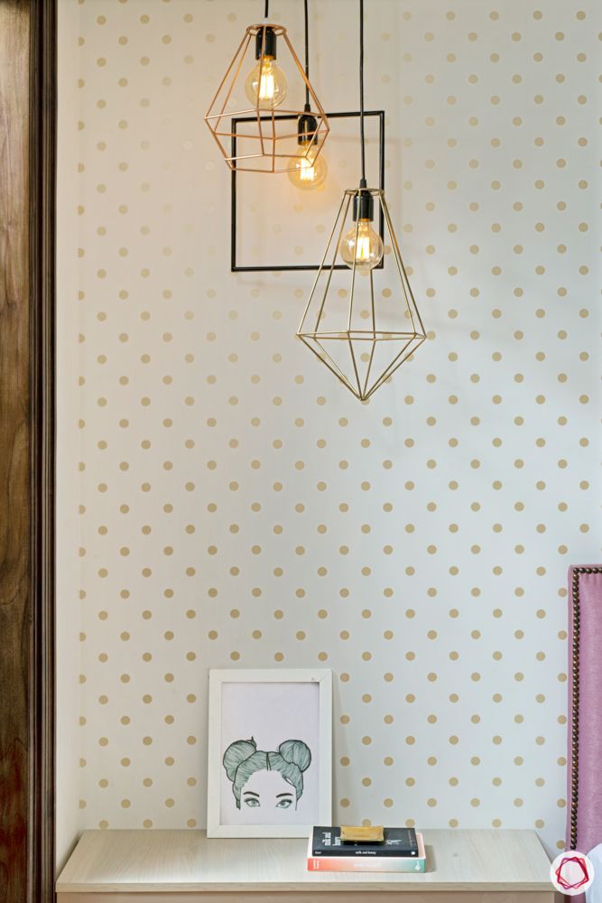 metallic pendant lights-polka dotted wallpaper designs