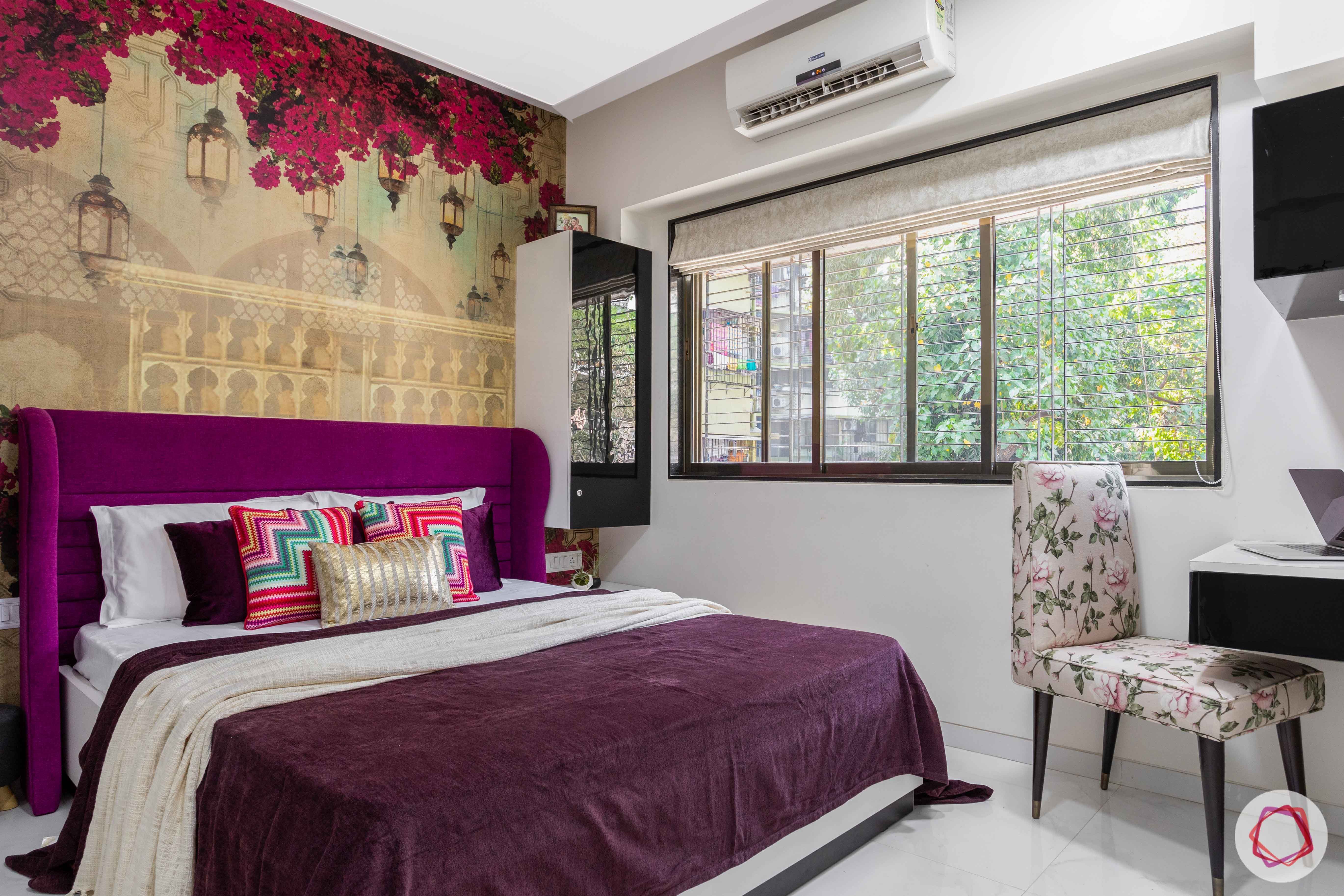 interior design company in mumbai-bedroom-bougainvillea wallpaper-purple headboard-study table