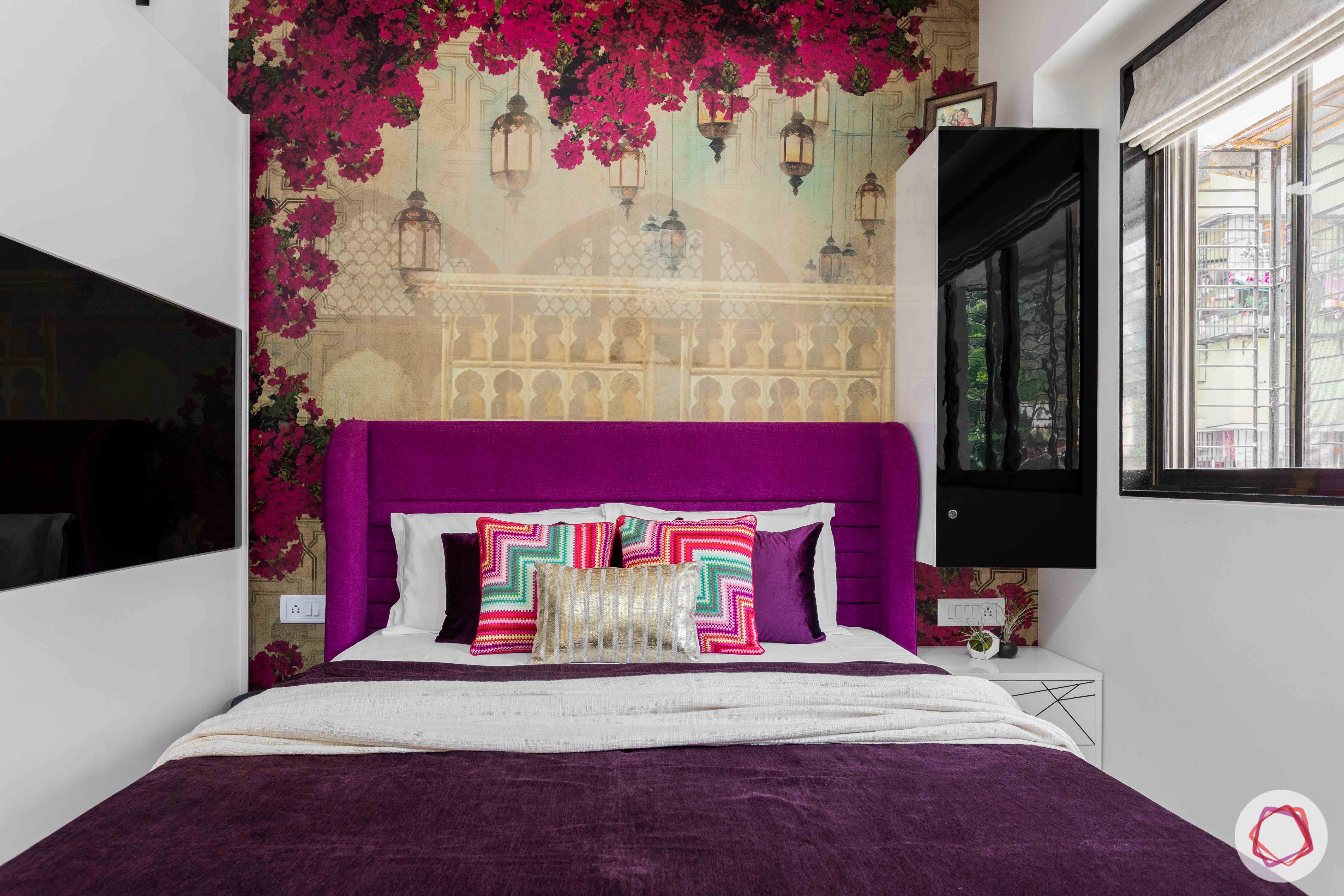 interior design company in mumbai-bougainvillea wallpaper-purple headboard-white wardrobe