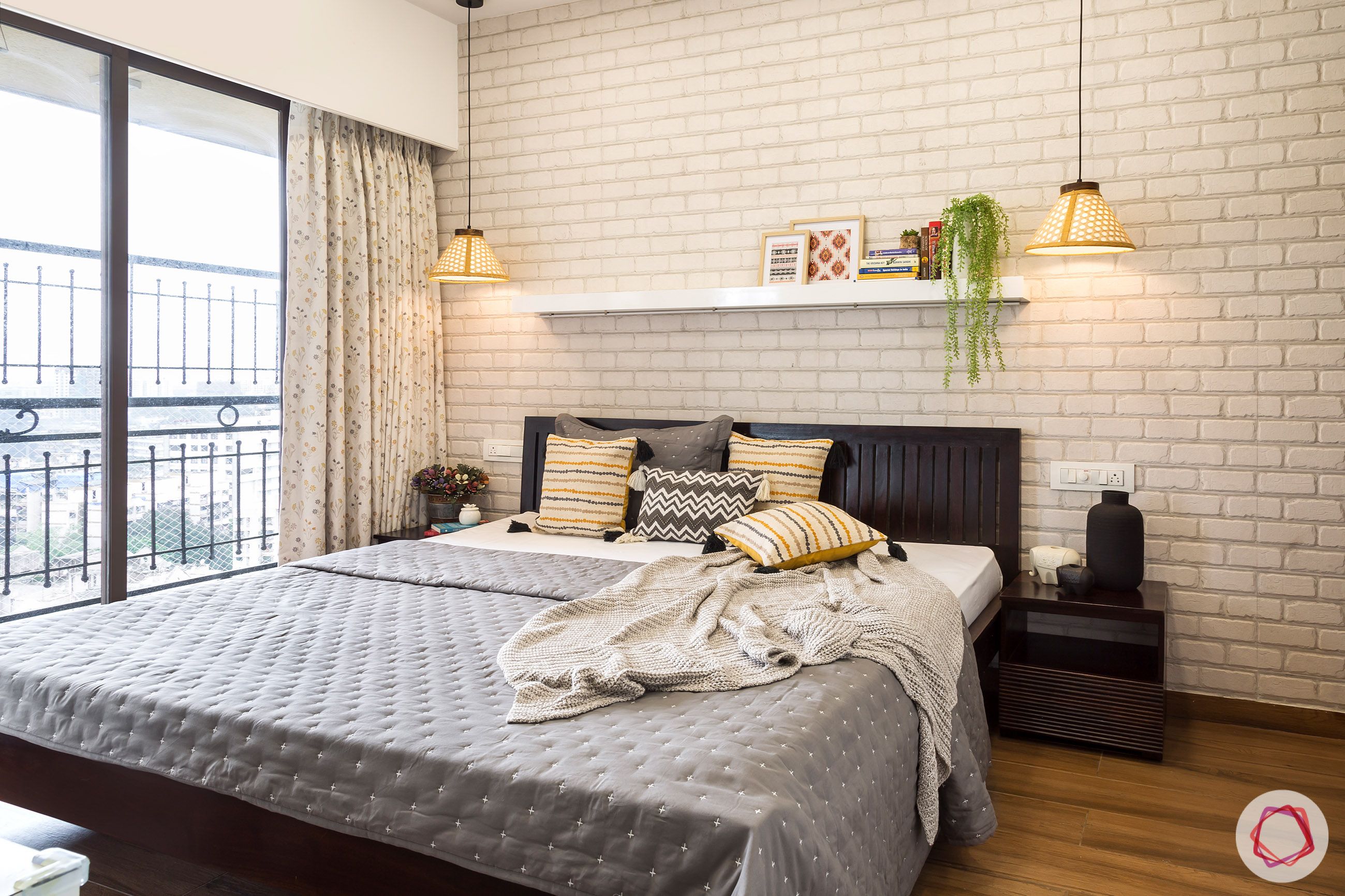 modern bedroom designs-white brick wall-dark wood cot-wall mounted shelf-pendant lights