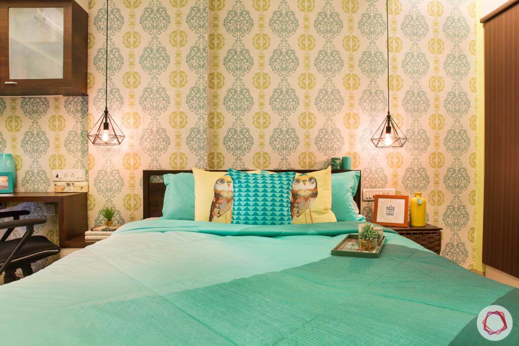 modern bedroom designs-wallpaper accent wall-wooden furniture-pendant lights