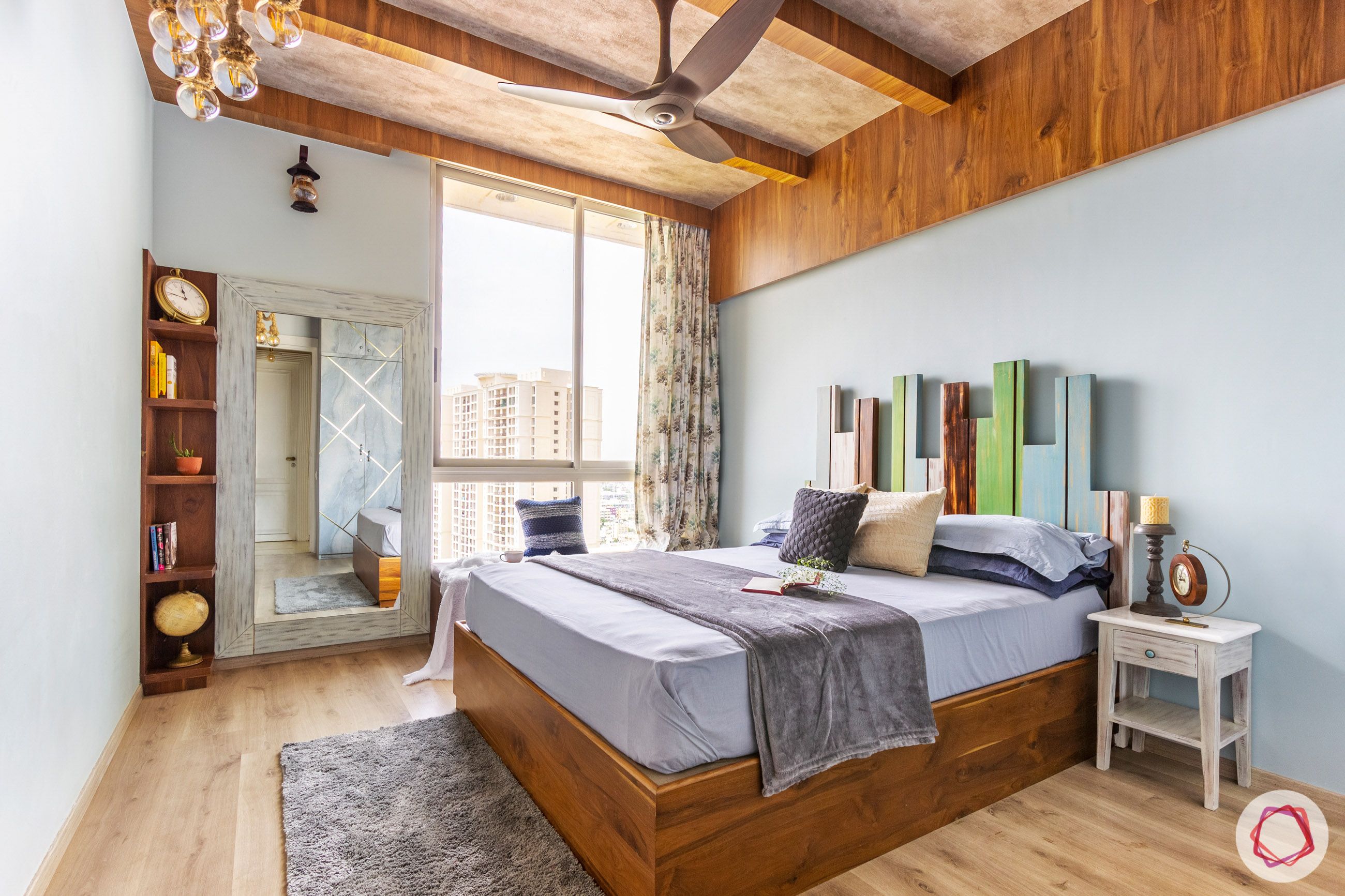 modern bedroom designs-wooden rafters-edgy headboard-wooden flooring