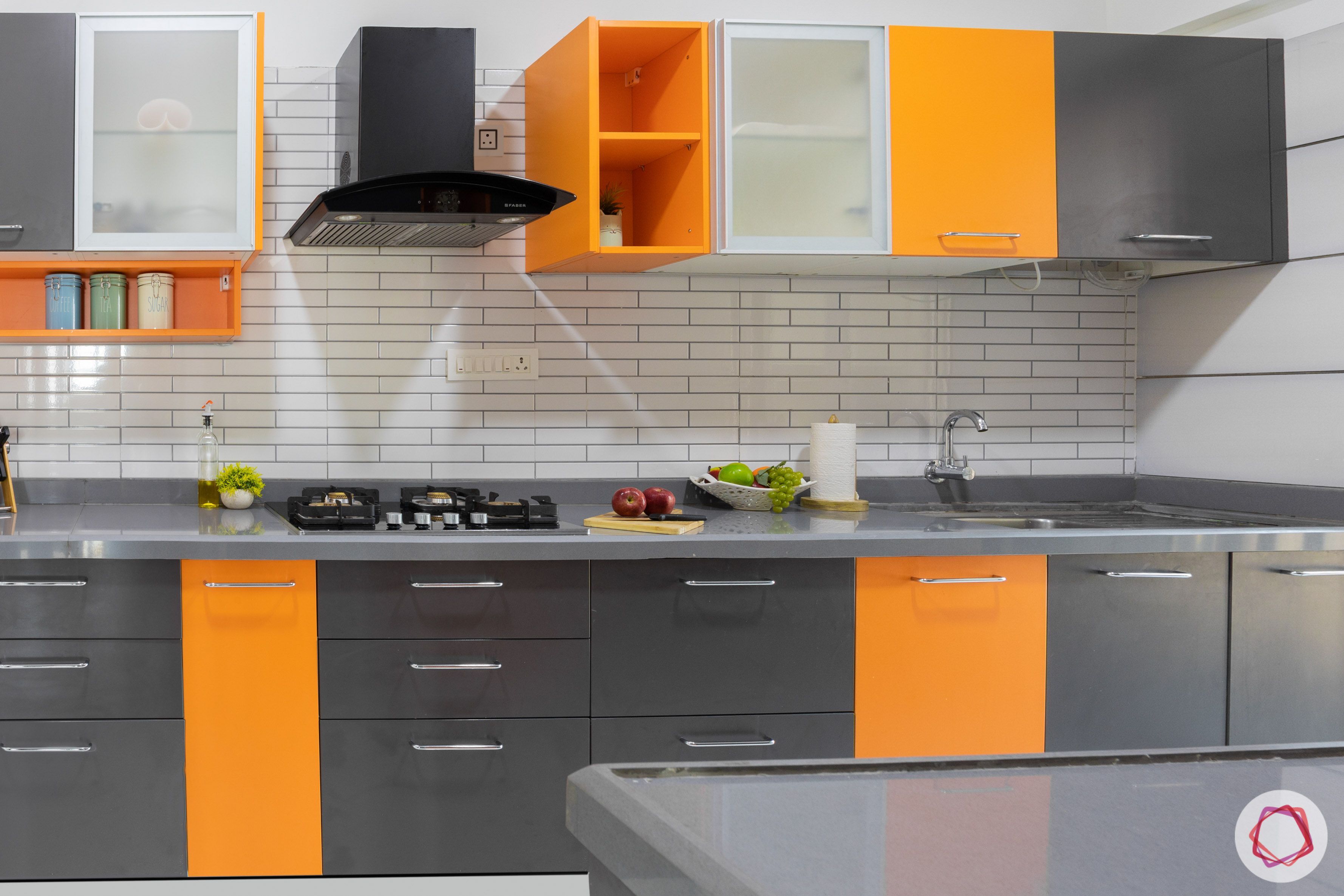 livspace mumbai-3-bhk-in-mumbai-orange cabinets-grey cabinets-rubic kitchen-laminate kitchen