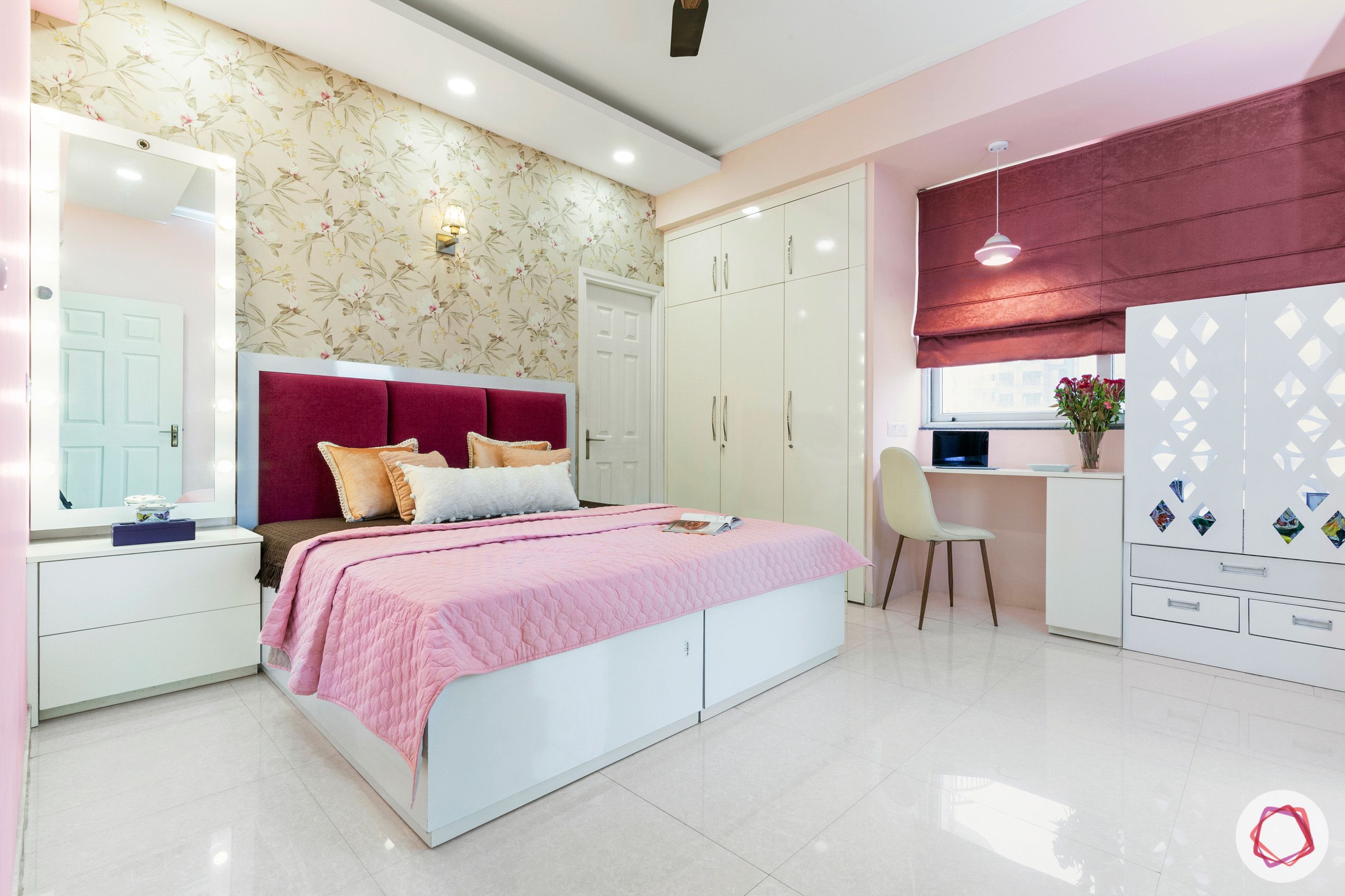 dasnac-pink bedroom-white-wardrobe-pooja-unit