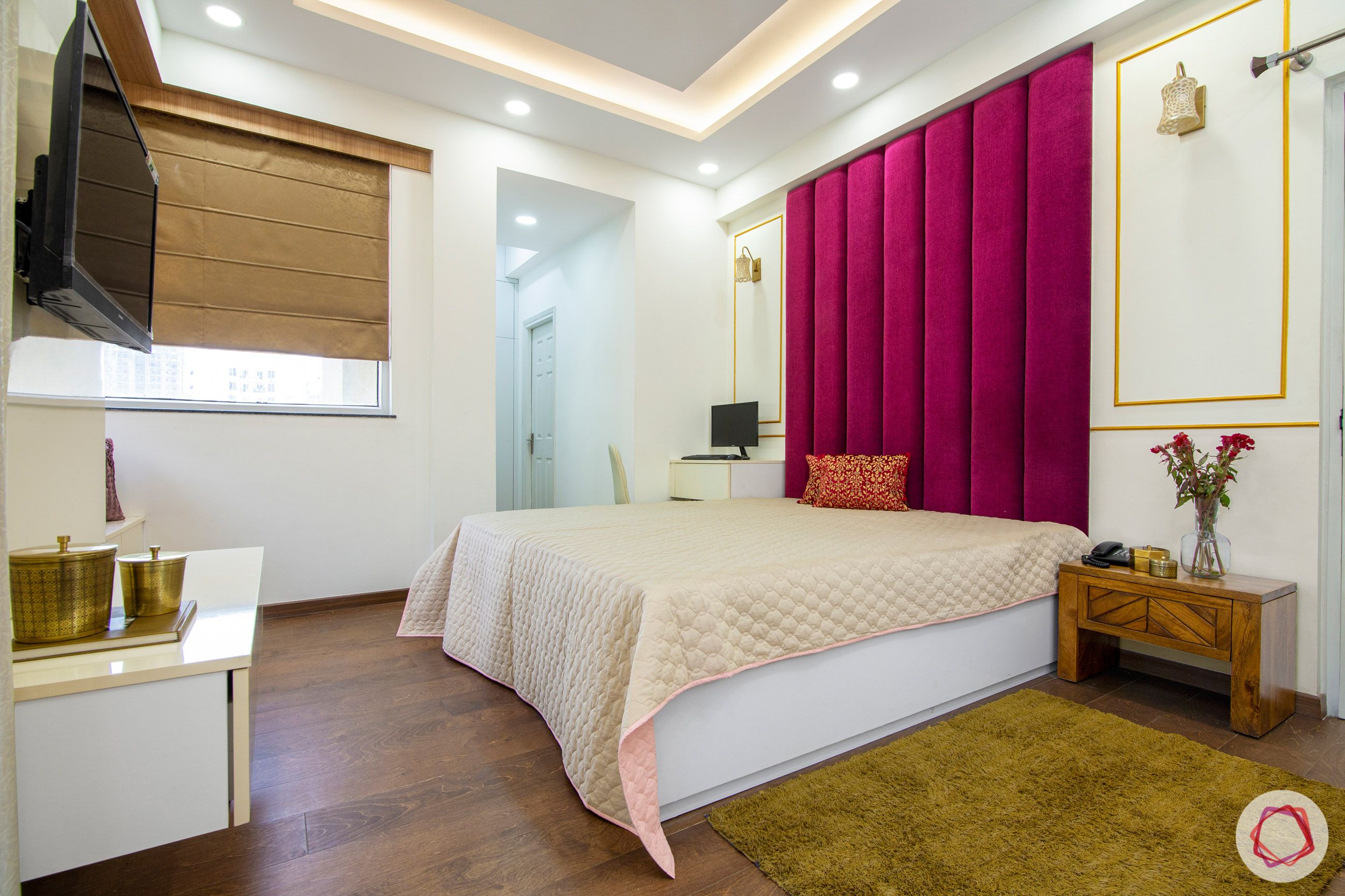 master bedroom-pink headboard-wall-trims