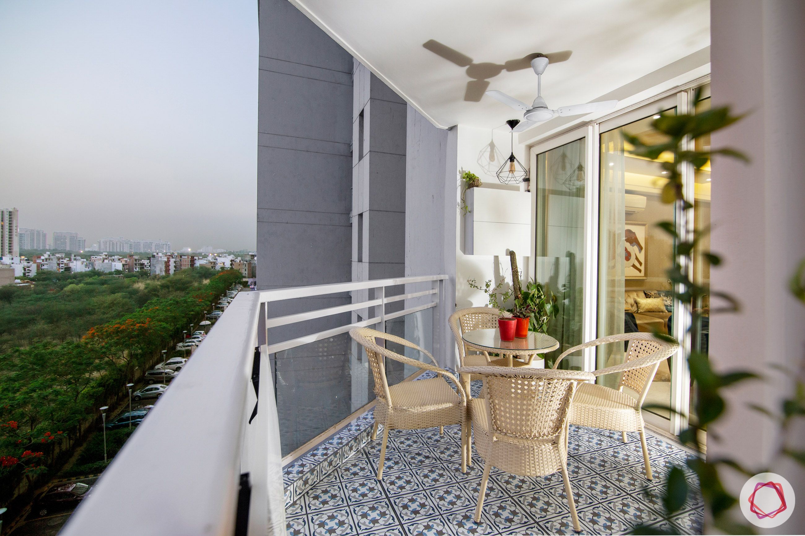 dlf park place-balcony-cane furniture-moroccan tile flooring