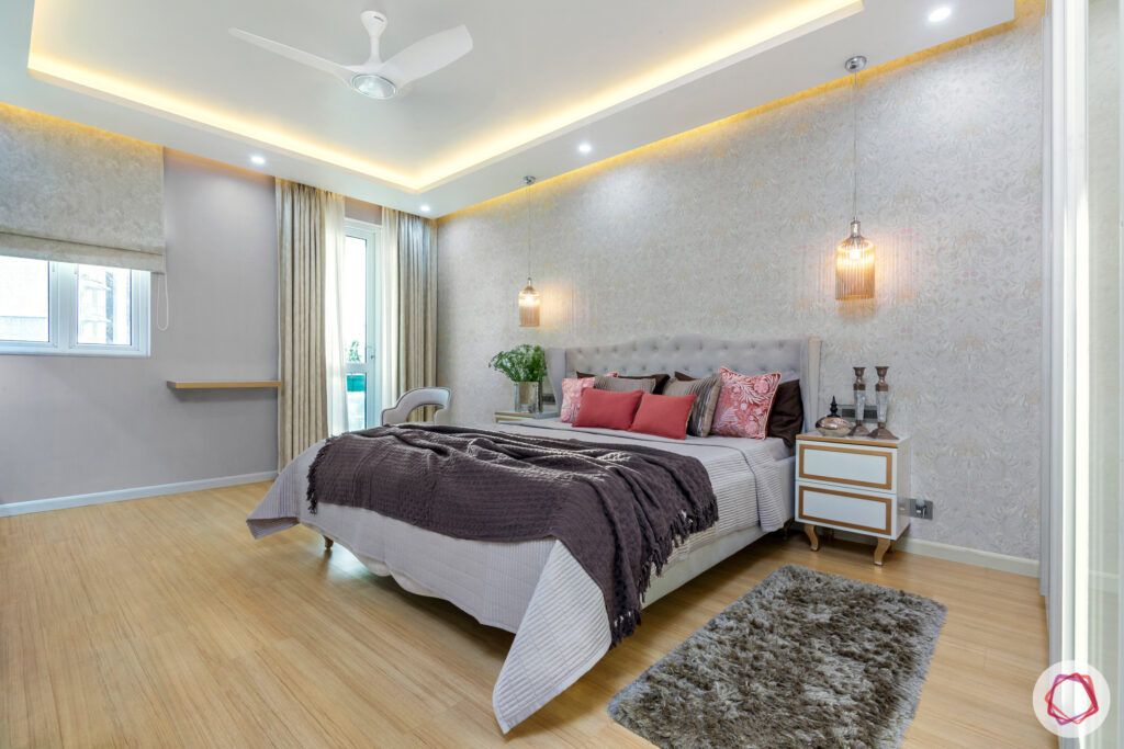 dlf park place-master bedroom-headboard-wallpaper-pendant lights-side tables