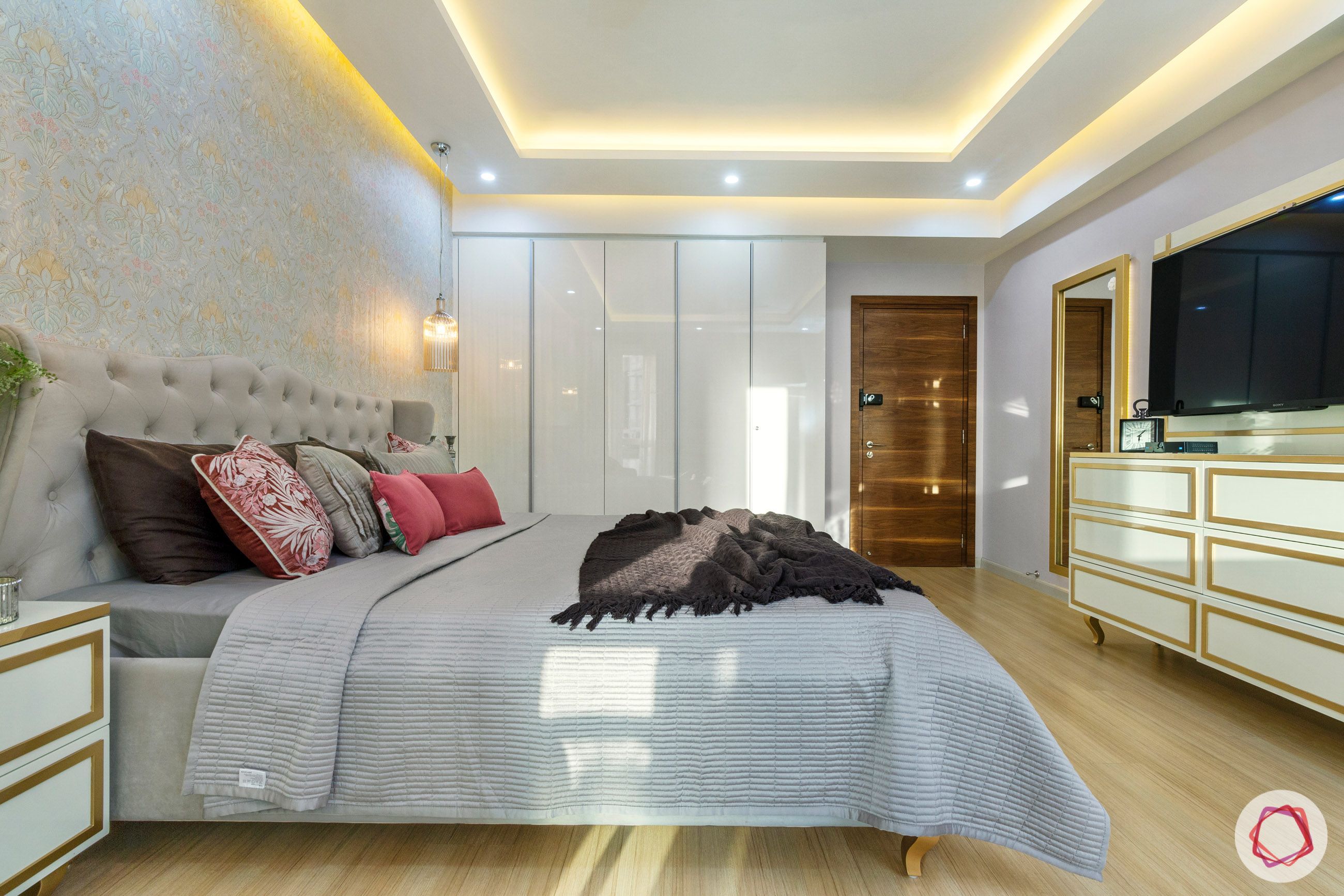 dlf park place-master bedroom-headboard-wallpaper-pendant lights-TV unit-wardrobe