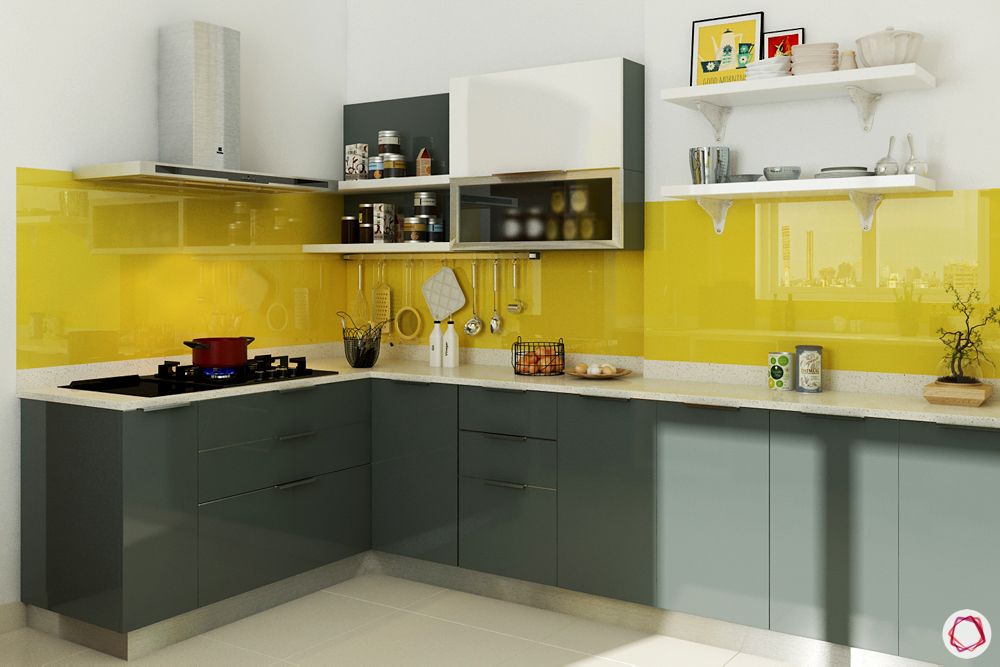 how to design your kitchen on a budget-yellow backsplash-open shelves-wire racks