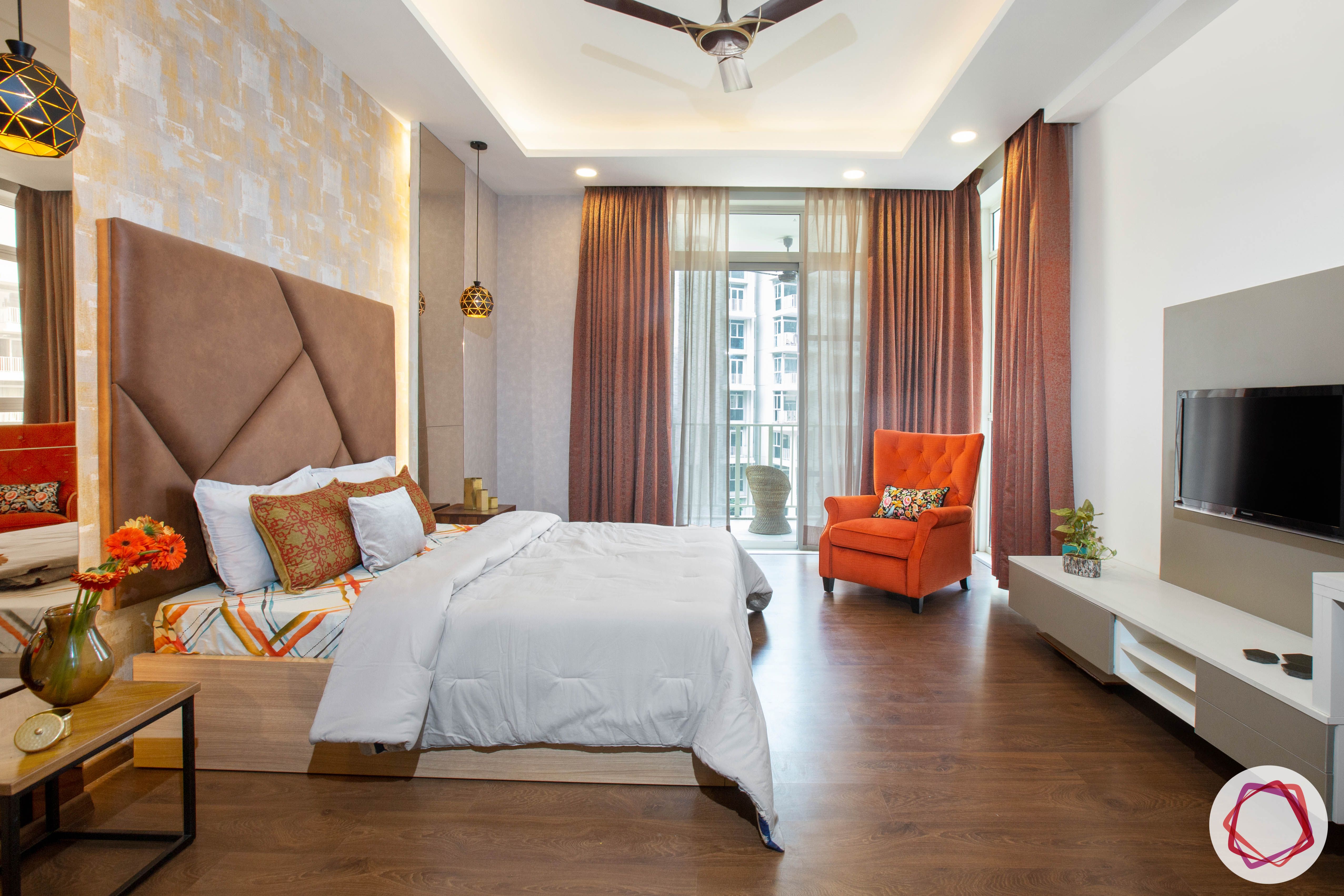 bedroom sofa-brown bedroom-orange chair
